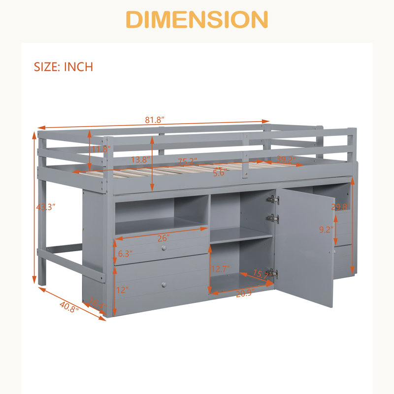 Lit mezzanine simple avec 4 tiroirs, sous l'armoire et les tablettes, Gris
