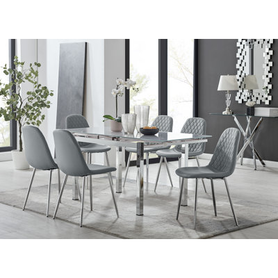 Tierra Modern Glass & Metal Extendable Dining Table Set & 6 Luxury Faux Leather Dining Chairs