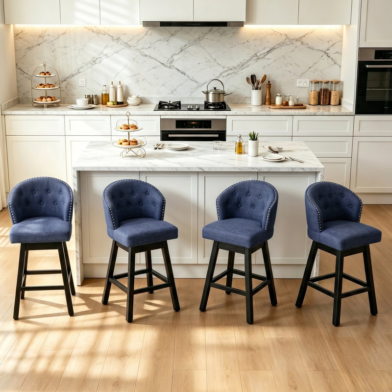 Aadhvika Upholstered BarStools with Solid Wood Frame, Blue/Linen, Counter Stool (26" Seat Height)