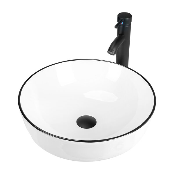 KSWIN 16'' White/Black Ceramic Circular Vessel Bathroom Sink with ...