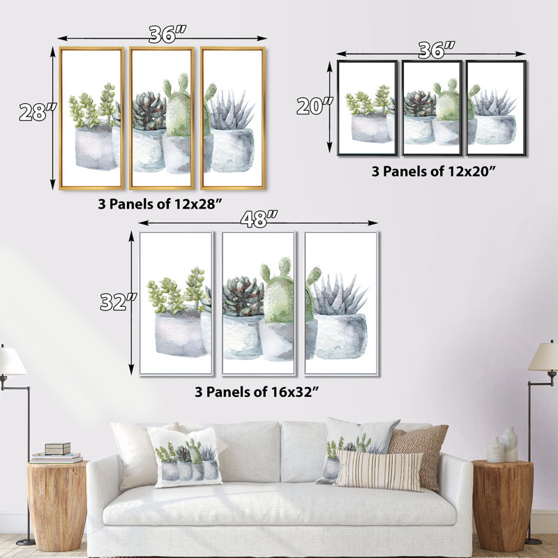 «Cactus and Succulent House Plants I», reproduction sur toile flottante 3 pièces, H 32 po x l 48 po x P 1 po, Cadre doré