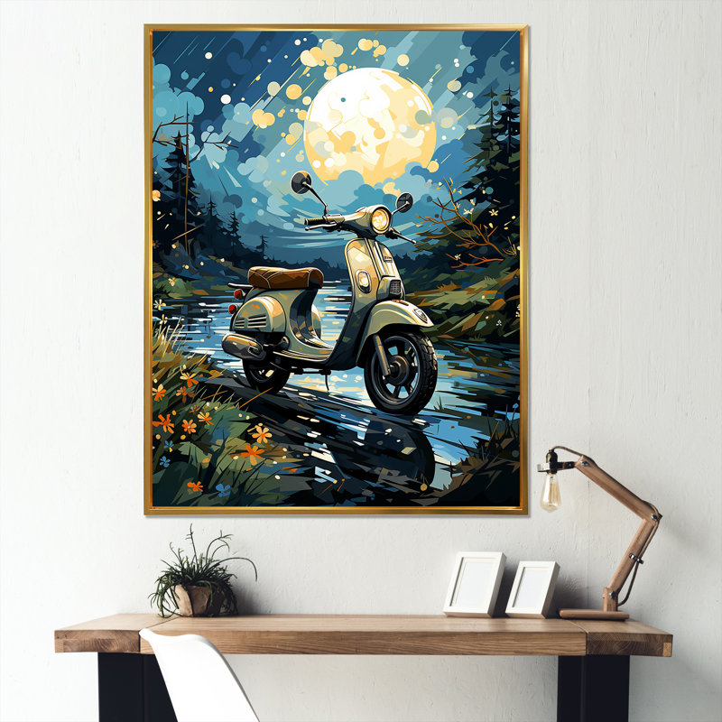 Impression sur toile Urban Nightly Scooter Vibes, Cadre flottant doré, H 44 po x l 34 po