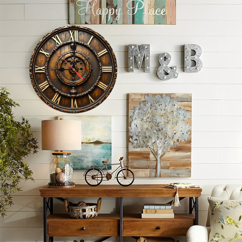 Horloge murale 10 po en MDF rond avec mouvement à quartz silencieux et crochet sans perceuse (piles AA non incluses)