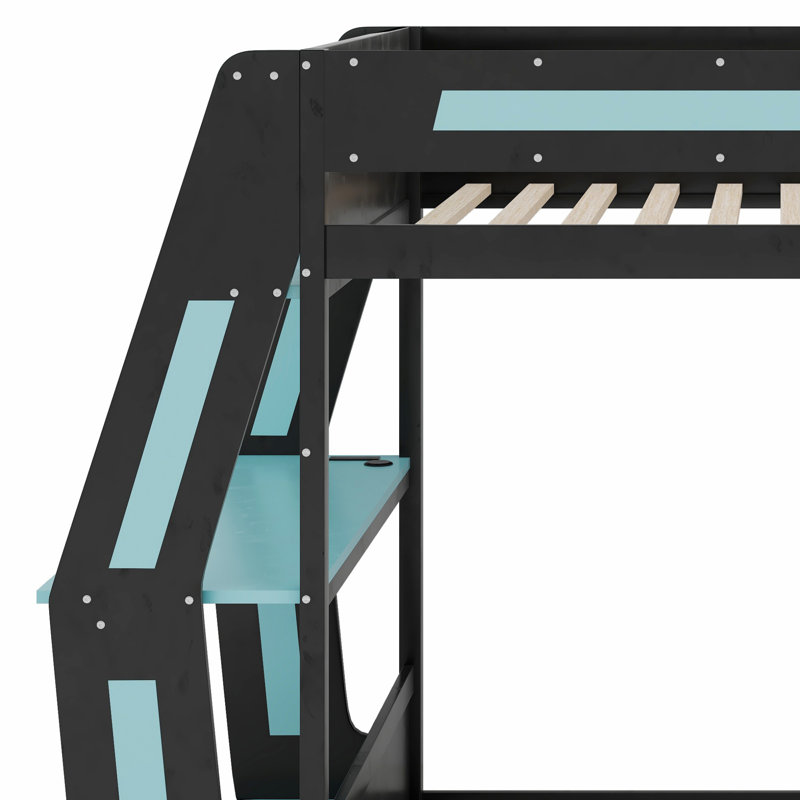 Gaming Bunk Bed With Side-Mounted Oversized RGB Desk, USB Charging Ports & Cable Grommet, LED Light Strip, Cloud Blue