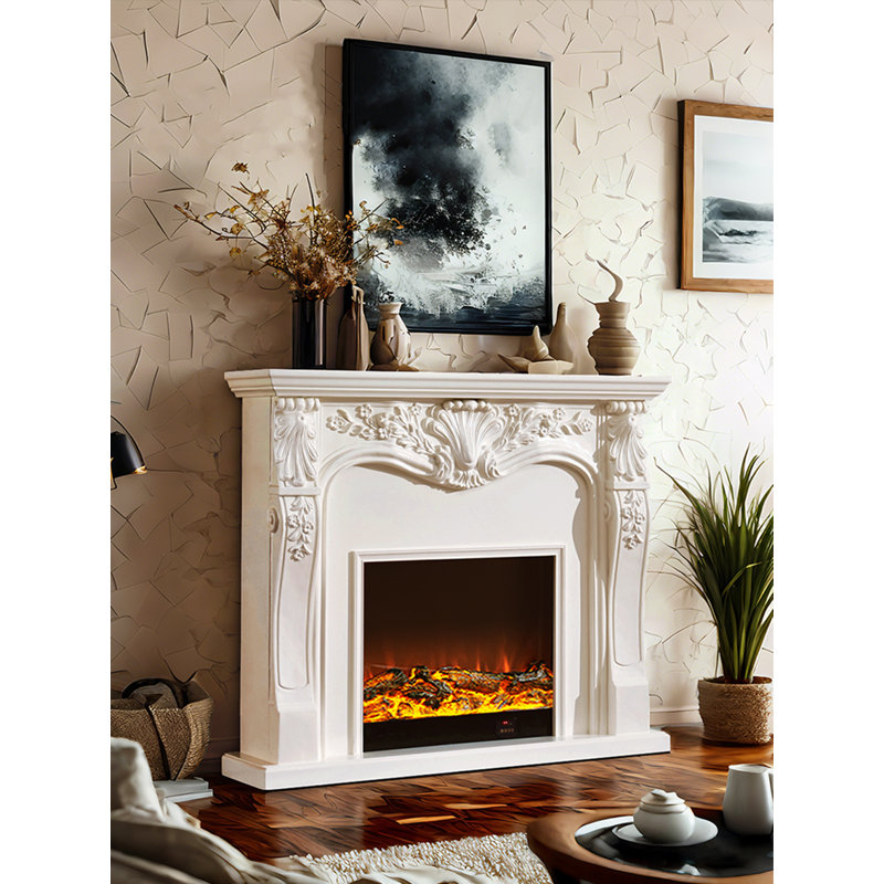 American-style simulated flame fireplace, White