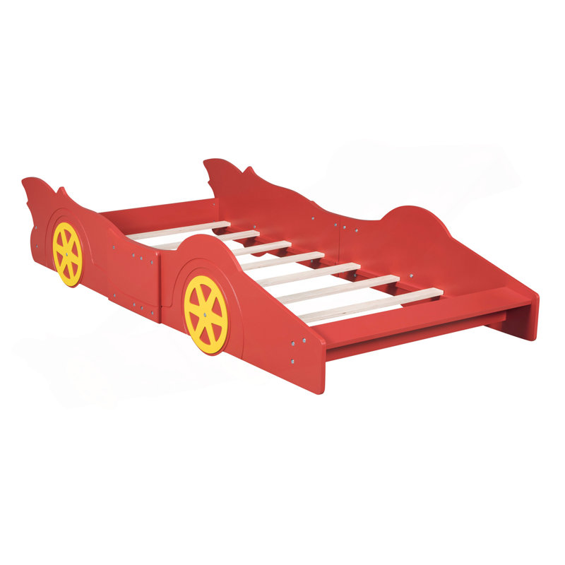 Lit plateforme simple en forme de voiture de course avec roues, rouge
