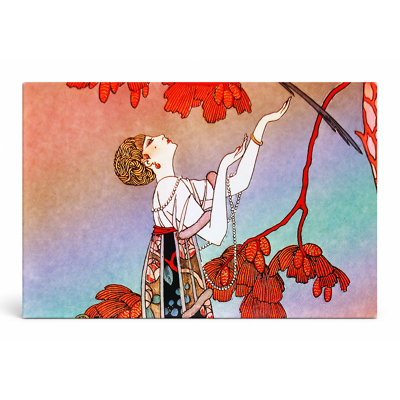 Femme avec arbre rouge et oiseaux - art mural sur toile paysage