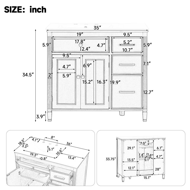 Koda Freestanding Standard Free Standing Single Double Single Vanity Bathroom Vanity With Ceramic Top, Blanc