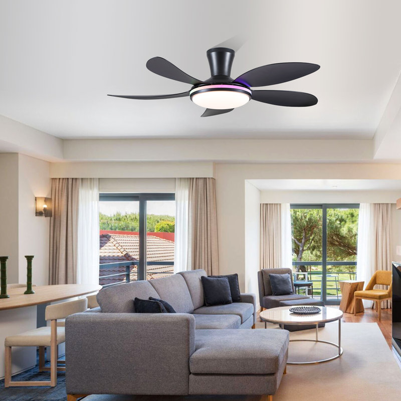 Ventilateurs de plafond modernes à profil bas de 48 pouces à 5 pales avec lumières et télécommande / app, Noir RVB