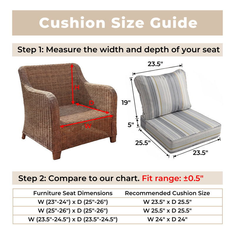 23.5 x 25.5 Waterproof Outdoor Deep Seat Cushion for Patio Furniture Replacement, Mid Back, 1, 23.5x25.5x5-19, Gray Stripes