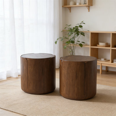 Ensemble de tables d'appoint rondes pour l'intérieur et l'extérieur, ensemble de tabourets de jardin modernes en grain de bois, robuste en oxyde de magnésium imperméable, table sans assemblage pour patio, jardin, cour arrière, salon (ensemble de 2)