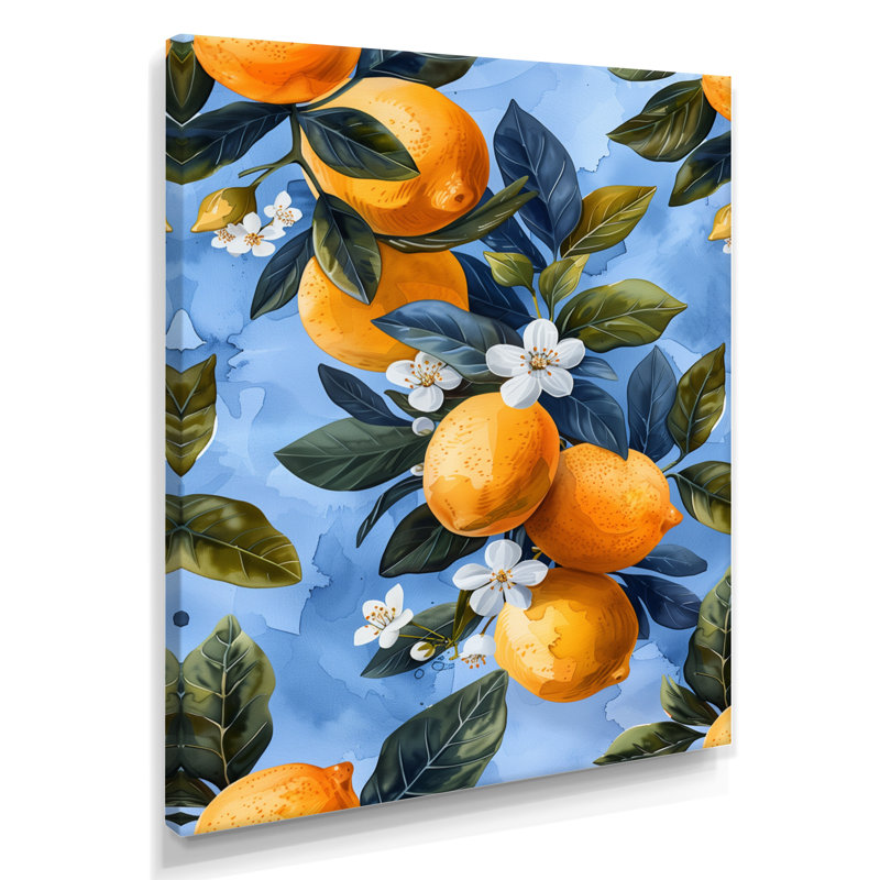 Jaune jaune bleu, citronniers, motif II - fruits, art mural, Toile tendue, H 30 po x l 40 po