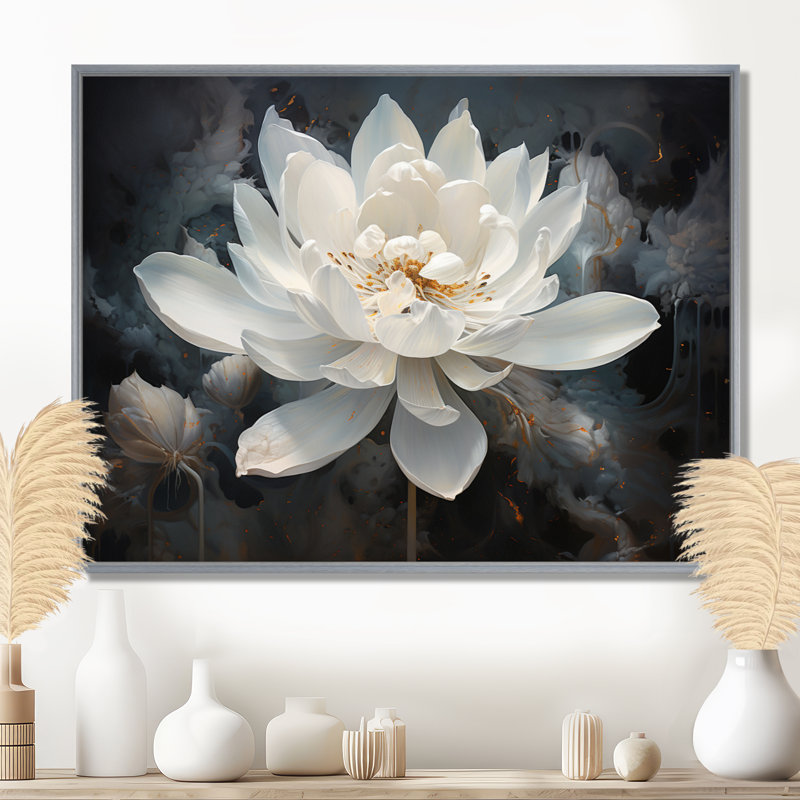 Serenity Blossum Lotus - art mural Lotus, Reproduction avec cadre flottant, H 16 po x l 32 po, Argent argent
