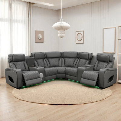 Canapé d'angle inclinable électrique en forme de L avec console audio Bluetooth, revêtement en similicuir gris, appuie-tête électrique, éclairage d'ambiance DEL, porte-gobelets et rangements