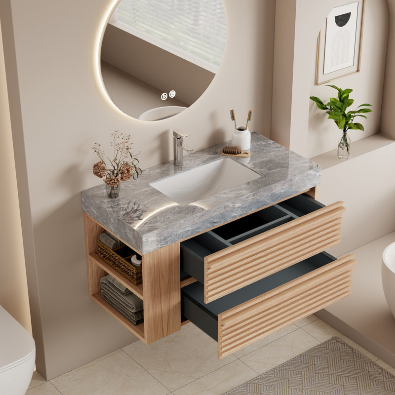 36" Modern Bathroom Vanity with Sintered Stone Table Top, 2 Drawers, Pre-Assembled Wall Mounted Bathroom Vanity, Oak