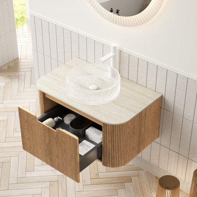 30" Modern Bathroom Vanity With Transparent Round Glass Sink, - Pattern Sintered Stone Top, Floating Cabinet In Natural Style, Drawer Soft Close Undermount Slides For Quiet Operation, Pre Assembled