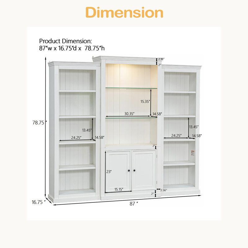 78.75'' Tall 3-Pieces Bookcase, Display Cabinet With 5 Colors Adjustable LED Ceiling Light, Retro Style Bookshelves With Tempered Glass Shelves