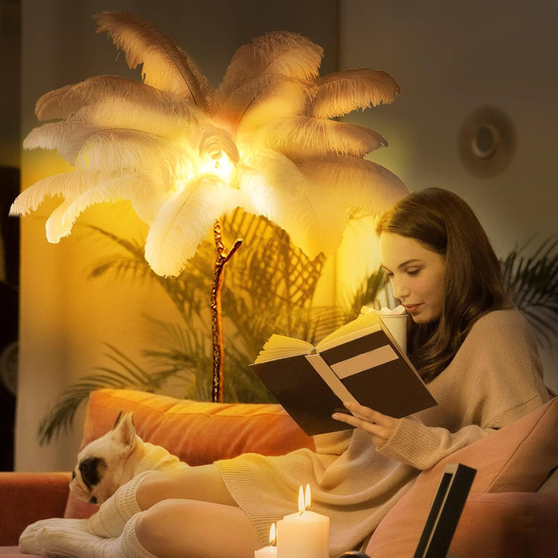 Modern LED Dimmable Floor Lamp With Natural Ostrich Feather Shade, Adjustable Standing Lamp For Living Room, Bedroom, Office, And Dining Room