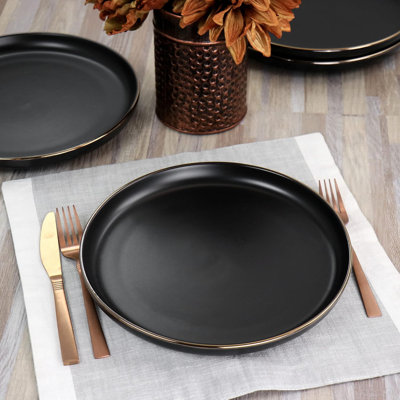 Ensemble de 6 assiettes en grès Elama Paul - noir mat avec bordure dorée, vaisselle élégante moderne, va au micro-ondes et au lave-vaisselle