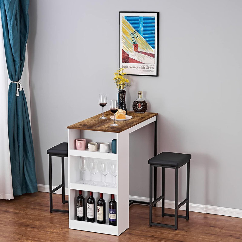 Ensemble de table de salle à manger 3 pièces avec 2 tabourets de cuisine et comptoir en bois