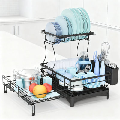 Égouttoir à vaisselle extensible à 2 niveaux avec égouttoir, égouttoir à vaisselle et étagère de comptoir de cuisine réglable, porte-couverts amovible pour rangement de grande capacité
