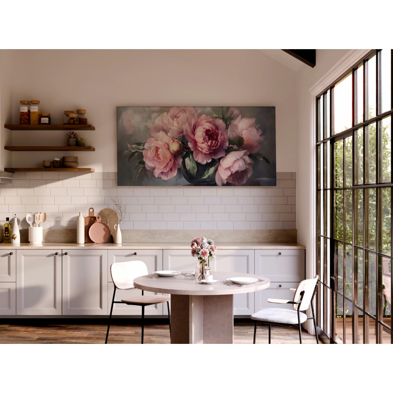 Art mural antique de pivoines roses - fleurs de nature morte rétro, décoration murale rustique neutre, toile tendue prête à accrocher