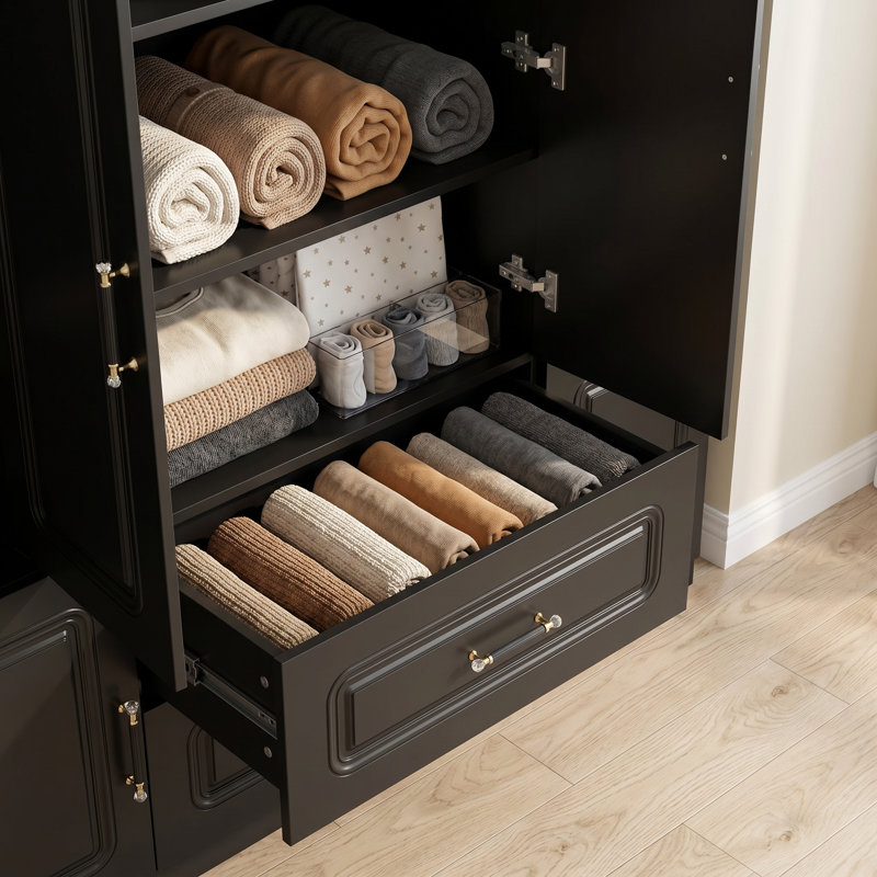 Armoire-penderie noire à 4 portes avec tiroirs et tringle, armoire de rangement moderne pour chambre à coucher