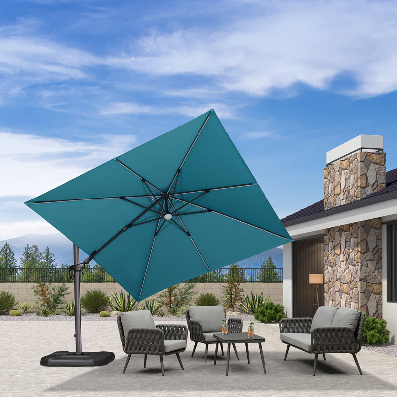 10' Square Lighted Cantilever Swivel Umbrella with Solar Powered LED Swivel and Base, Turquoise Blue