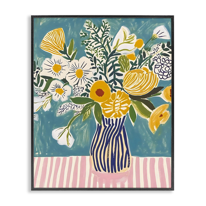Bouquet sur cadre rayé, estampe numérique, design by Creative Studio, H 14 po x l 11 po, Giclée encadrée noir minuit