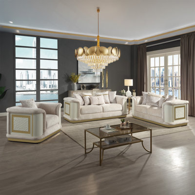Bona Contemporary Style 3-Piece Living Room Set including the Sofa, Loveseat, and Chair in cream with gold accents and diamond-textured details