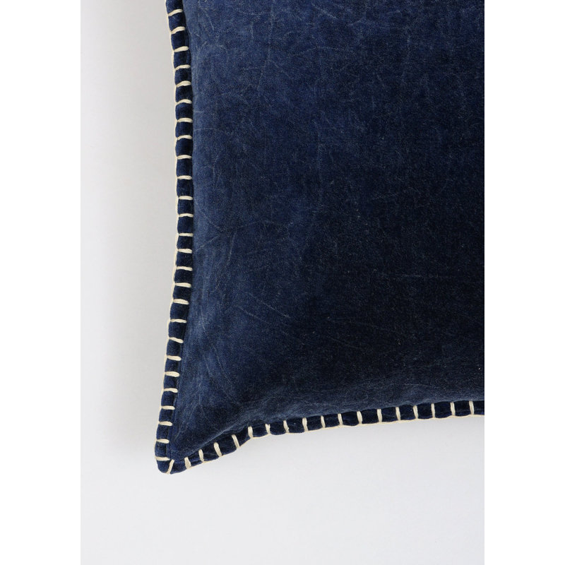 Throw Pillow | Stonewashed Cotton Velvet Throw Pillow with Decorative Handstitched Edges-18X18", Indigo