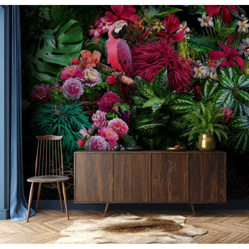 Tropical Parrot Jungle Wall Mural Pink Floral Wallpaper, 100" L x 150" W