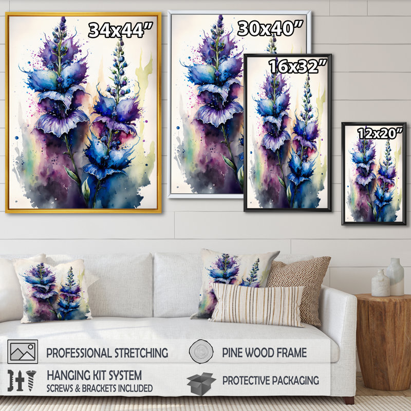 «Amily Blue and Purple Delphinium», reproduction sur toile, H 32 po x l 24 po x P 1 po, Toile avec cadre flottant or