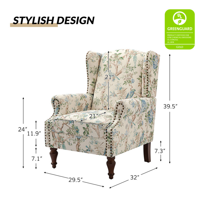 Fauteuil d'appoint à oreilles rembourré Anndi, Polyester oiseau