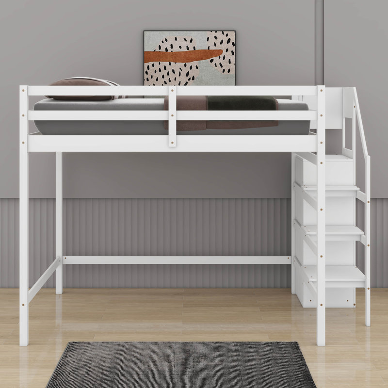 Lit mezzanine double avec garde-robe et escalier, Blanc