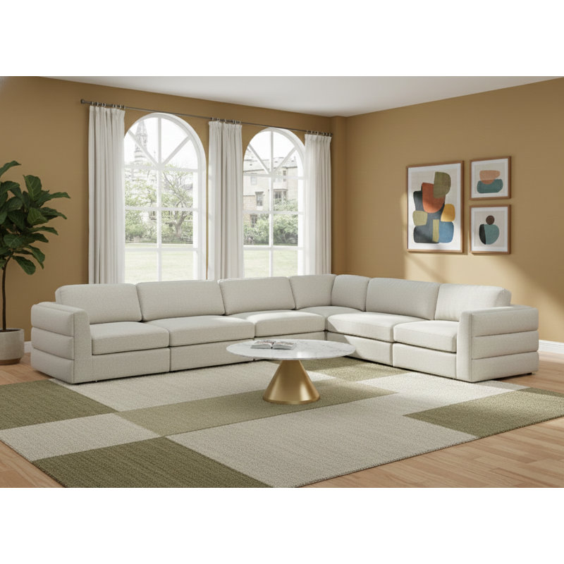 Canapé modulaire réversible de large de 152 po avec repose-pieds Howardine, Tissu beige texturé en lin