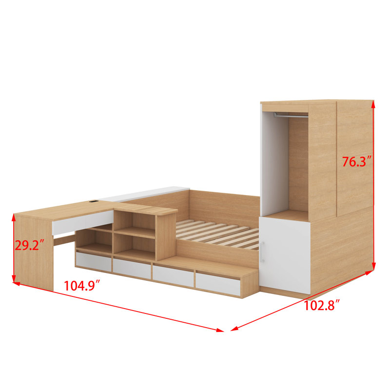 Lit plateforme double en bois avec tiroirs, bureau et tablettes, Naturel
