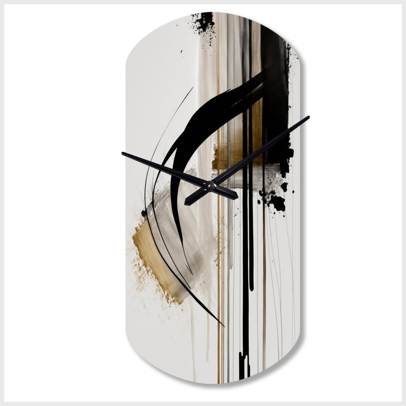 Noir, blanc et or Expression I - horloge asymétrique abstraite en métal, impression d'horloge murale cylindrique moderne