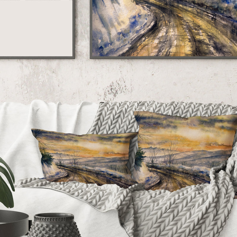 Carré, paysage d'hiver avec route sous un coucher de soleil brillant - coussin décoratif traditionnel, 18" x 18"