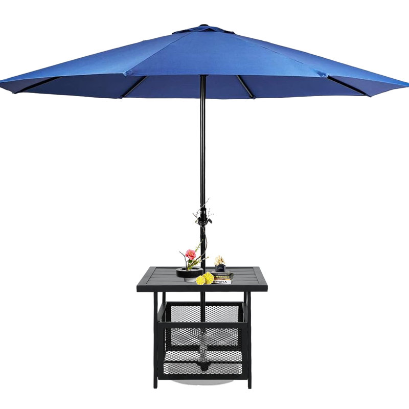 Outdoor Patio Side Table with 9Ft Umbrella, Dark Blue