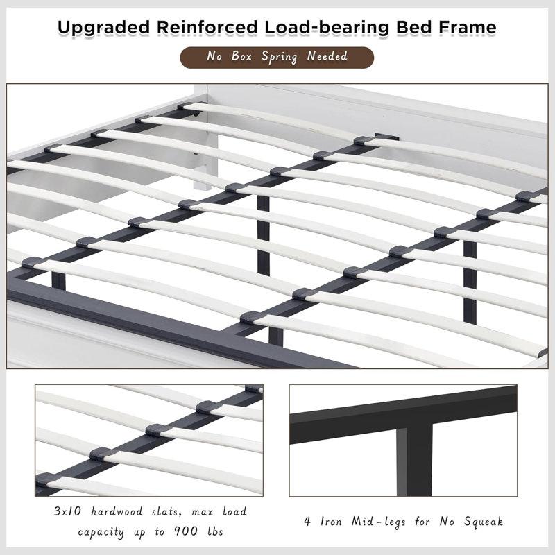Robincroft Farmhouse Bed Frame With 52" Headboard Wood Platform Bedframe With Storage Drawers, White, King