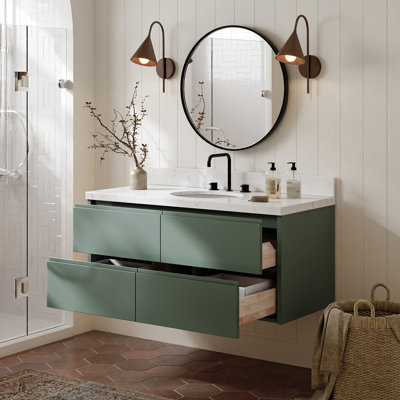   Ensemble de meuble-lavabo mural ovale simple 48 po avec comptoir à quartz blanc Carrara, Ensembles 48 po