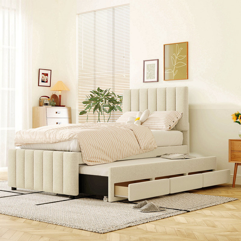Twin Size Upholstered Platform Bed With Trundle And 3 Drawers, Linen Fabric, Beige, Beige