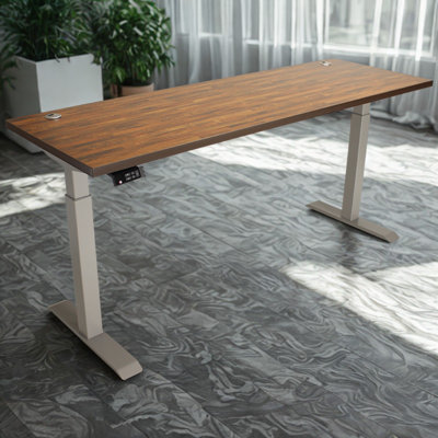 Skyscraper Electric Height Adjustable Standing Desk, Dual Motor and Digital Control with Memory, 72x24, Walnut Block Top with Brushed Silver Frame