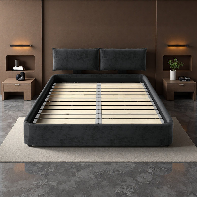 Très grande base de lit Cloud avec tête de lit surdimensionnée rembourrée, lit plateforme tapissier en chenille avec coins ronds, support en lattes de métal et de bois, pas de sommier tapissier nécessaire