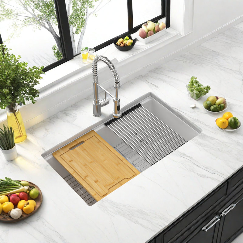 Évier de cuisine encastré en quartz blanc de 76 cm (30 po), cuve unique en composite de granit, avec planche à découper, égouttoir enroulable, panier-filtre et grille de fond, profondeur de 22,7 cm (8,94 po), pour meuble de 84 cm (33 po).