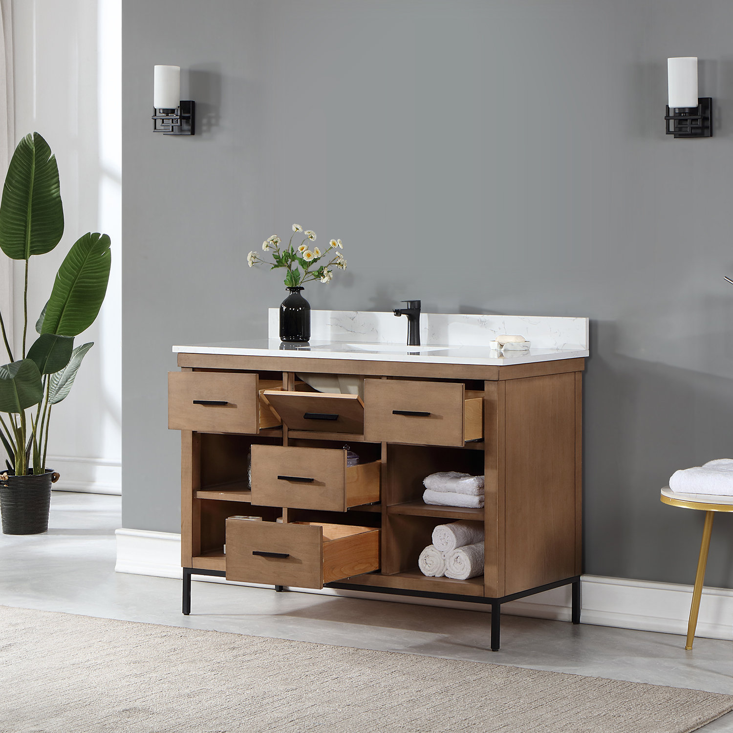 Kesia 48 " Single Bathroom Vanity, Brown, Matte Black