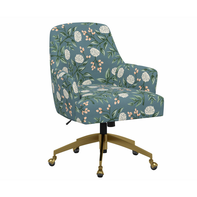 Chaise de bureau avec base Yvette, Rpc pivoines émeraude lin, Matte Black