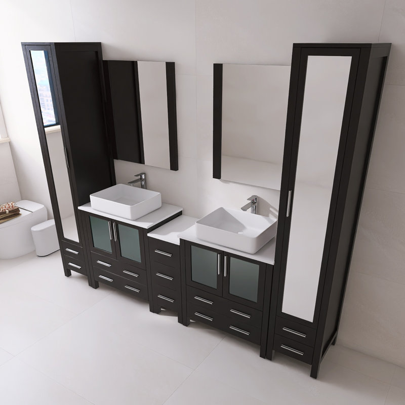 Ensemble de meuble-lavabo double 102 po avec miroir et garde-robe Bennet Bennet | Structure en bois massif, rangement à fermeture en douceur et tiroirs pleine extension