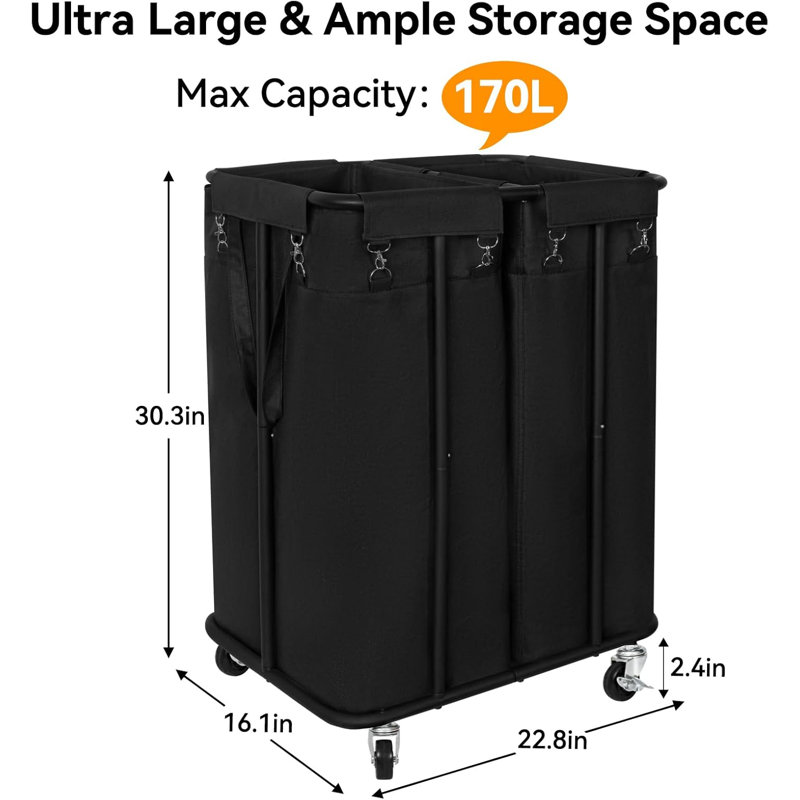 Double Laundry Hamper With Wheels 170L Rolling Laundry Basket Organizer Laundry Cart With Steel Frame And Removable Bags Large Dirty Clothes Hamper Dorm Room Storage For Bedroom